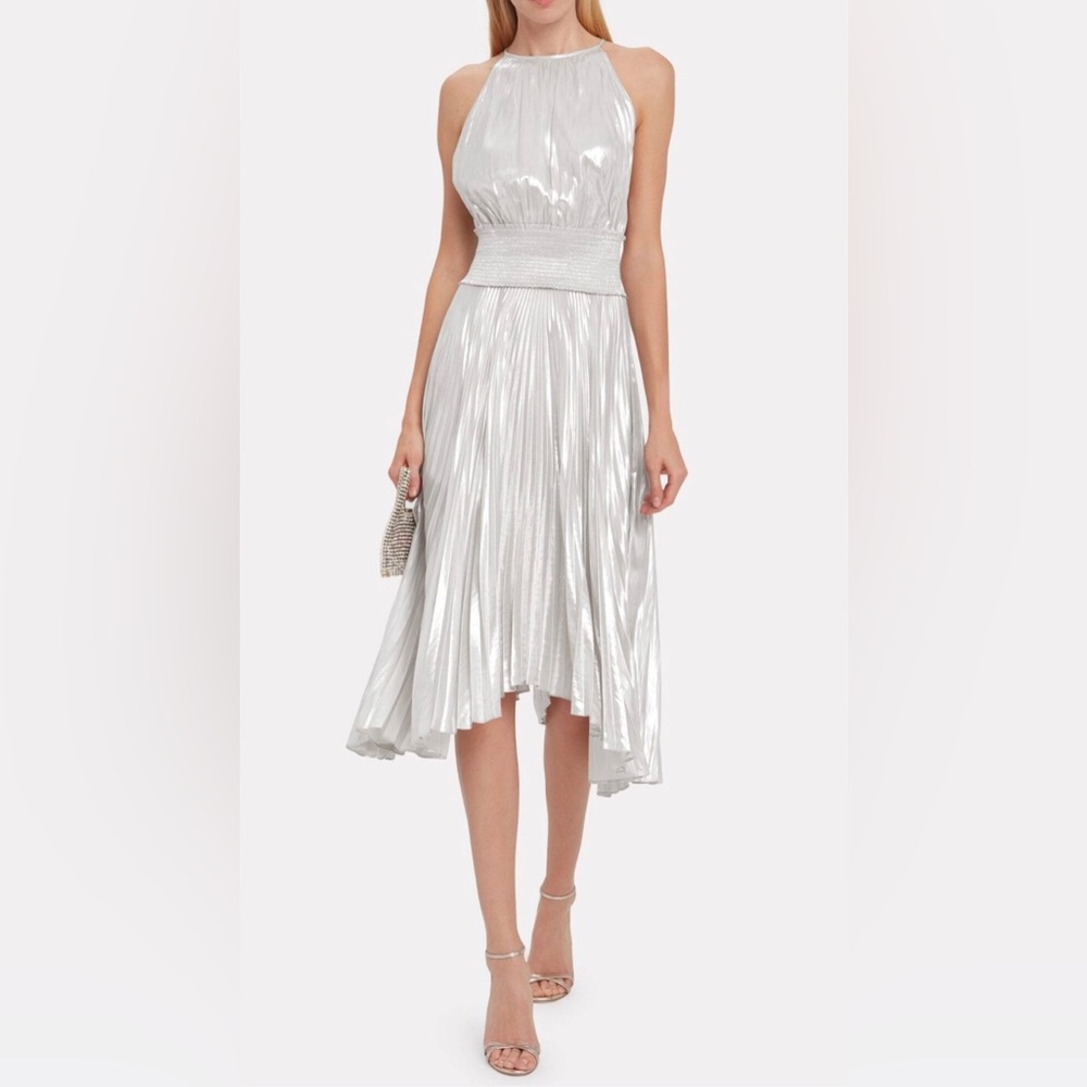 A.L.C. Weston halter pleated midi dress in silver. Size 6.